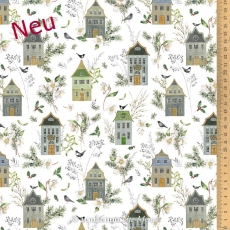 Baumwollstoff Häuser und Wintergrün