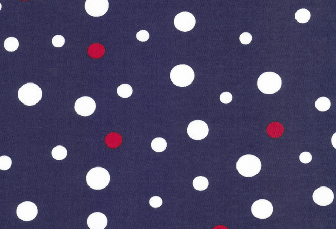 Interlock-Jersey Weiße und rote Punkte auf d´blau